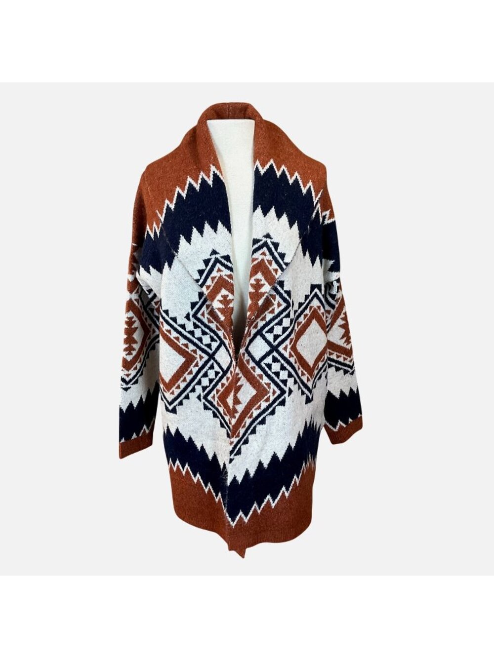 Tahari Aztec Tribal Geometric Open Front Cardigan Sweater Shawl Collar M NWT